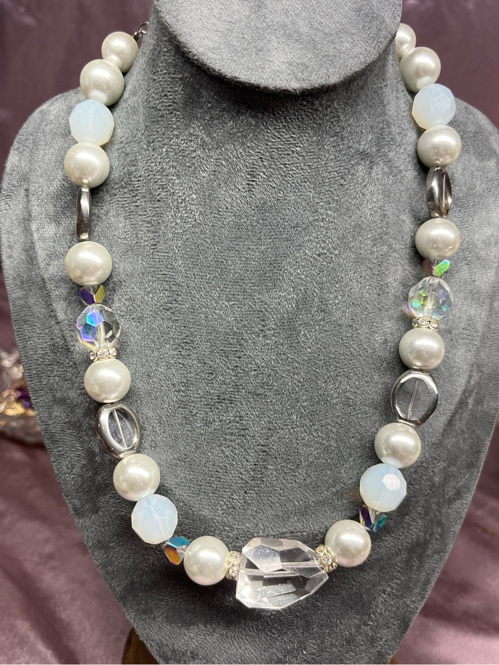 Kissaka Glass Faux Pearl Aurora Borealis Beaded Necklace Adjustable